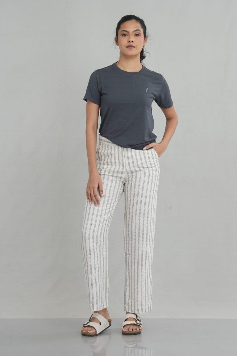 Cotton blend striped white and grey trousers featuring a relaxed fit, soft texture, and functional side pockets, designed for comfort and effortless casual styling.