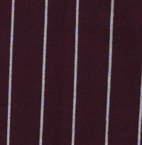 Handloom cotton sarong in deep burgundy with a classic vertical white pinstripe pattern, hanging on a rack.
