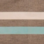 Light brown handloom cotton sarong with pink borders and white and aqua horizontal stripes at the hem, hanging on a rack