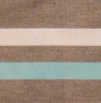 Light brown handloom cotton sarong with pink borders and white and aqua horizontal stripes at the hem, hanging on a rack
