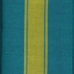 Man wearing a deep teal handloom cotton sarong with two vertical lime green stripes.