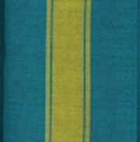 Man wearing a deep teal handloom cotton sarong with two vertical lime green stripes.
