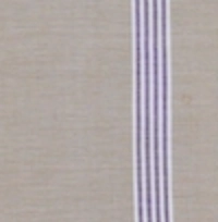 Man wearing a light taupe handloom cotton sarong with vertical purple and lilac multi-stripe detail.