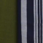 Man wearing a traditional olive green handloom cotton sarong with a vertical navy and white striped panel.man wearing an olive green handloom cotton sarong, showing the wrap and striped detail.