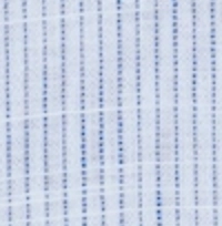 Man wearing a white and light blue pinstripe linen shirt featuring a solid navy contrast collar and white buttons.