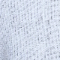 Close-up of a men's classic white linen Cuban collar short sleeve shirt with matching white buttons.
