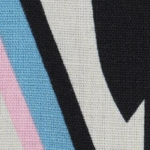 Close-up of a men's linen cotton blend Cuban collar short sleeve shirt with a cream base and a black, blue, and pink abstract geometric print, showing coconut buttons.