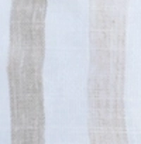 Man wearing off-white and beige striped linen drawstring trousers with a relaxed fit.Close-up of the waist of striped linen trousers, showing the drawstring tie and button closure detail.
