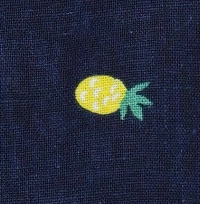Young girl wearing a navy blue linen-cotton blend sleeveless top with a multi-color fruit print and a full button-back closure. girl wearing a fruit print sleeveless top, showing the full button-down detail.