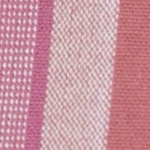 Woman wearing a dusty rose multi-color striped cotton shift dress, featuring a notch neckline, side pockets, and side slits.