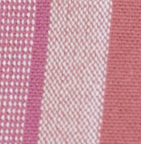 Woman wearing a dusty rose multi-color striped cotton shift dress, featuring a notch neckline, side pockets, and side slits.