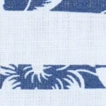 Woman wearing a white and blue floral stripe print cotton crop top, featuring a high neckline and a full button-back closure.