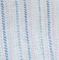 Woman wearing white and blue pinstripe linen-cotton blend drawstring lounge pants with front patch pockets.