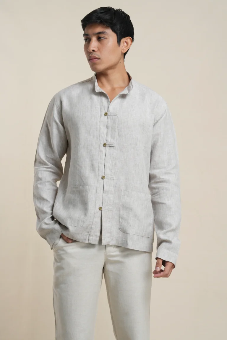 Men's linen chore jacket in Beige, front view showing mandarin collar and patch pockets — Tropic of Linen BE0058