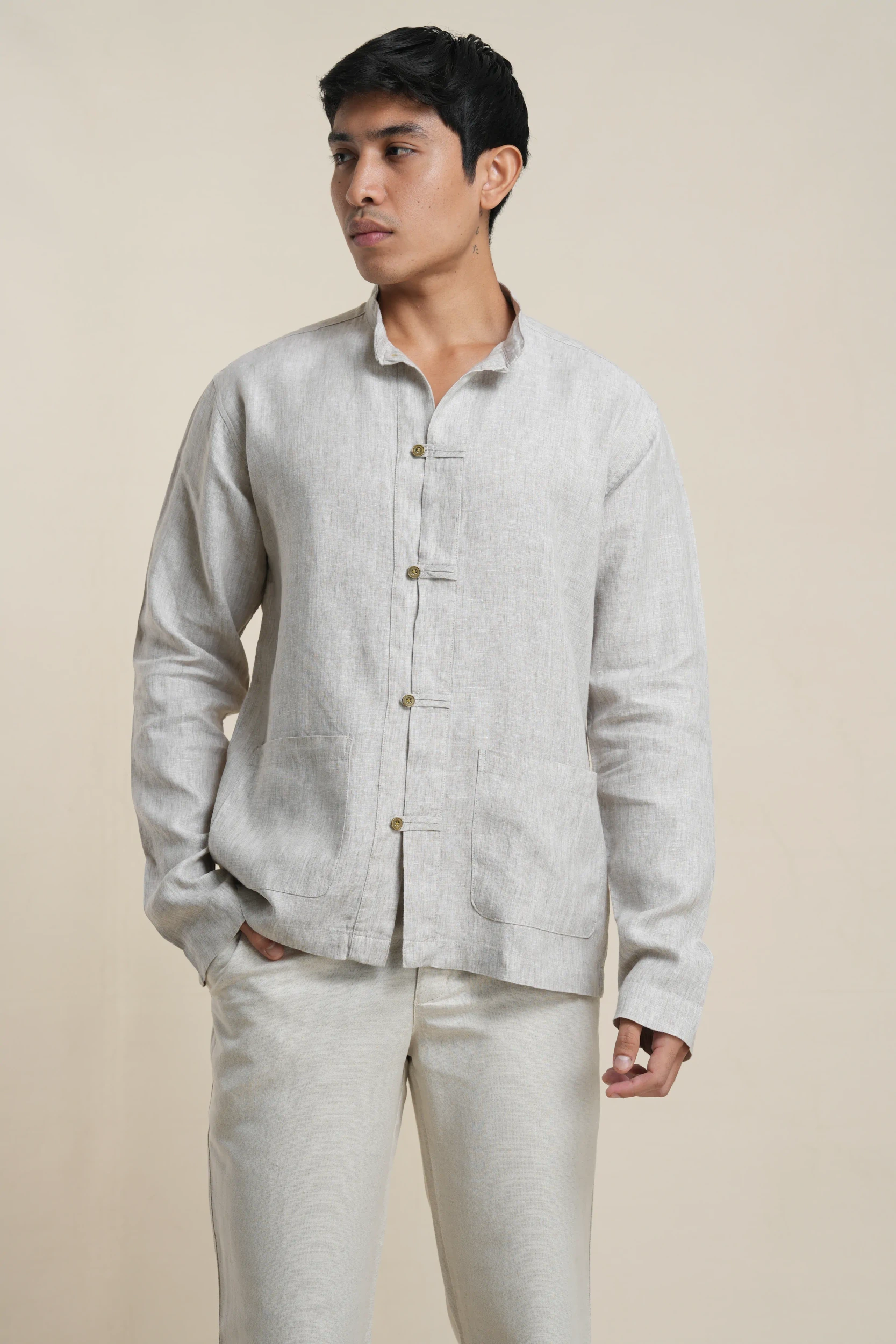 Men's linen chore jacket in Beige, front view showing mandarin collar and patch pockets — Tropic of Linen BE0058