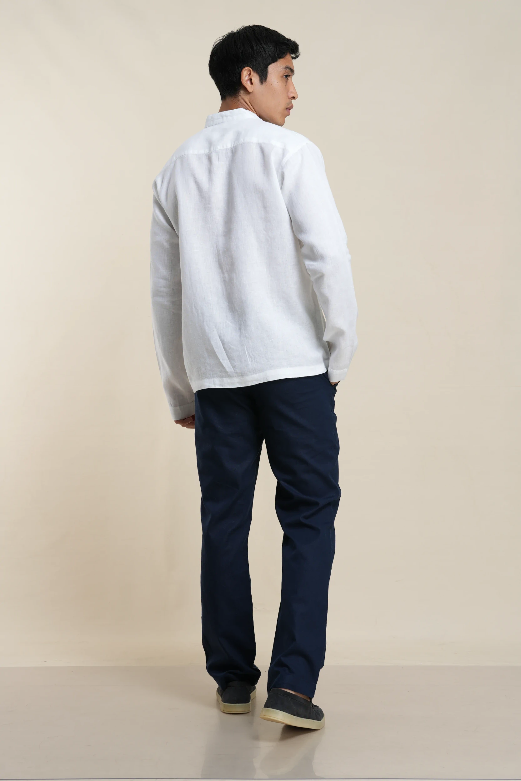 Men's linen chore jacket in White, rear view showing clean lines and drape — Tropic of Linen WH0087