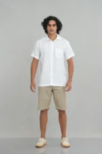Men's short sleeve shirt in pure white front view — Tropic of Linen WH0002