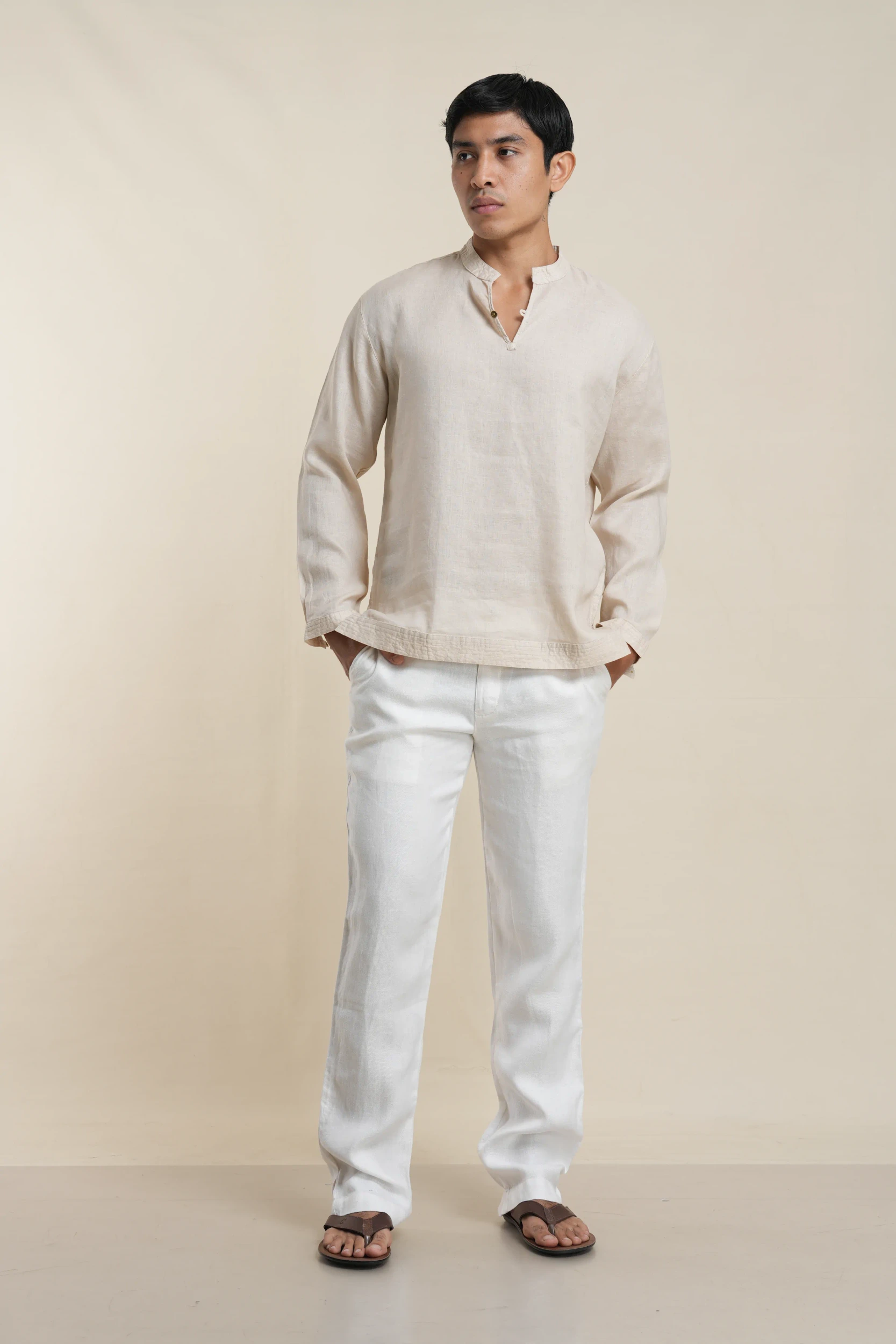 Men's mandarin collar kurta in beige linen front view — Tropic of Linen BE0057