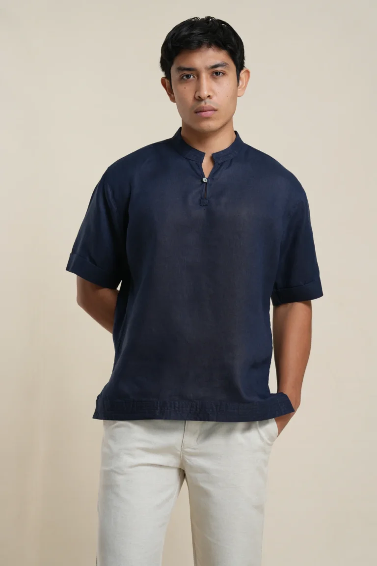 Men's short sleeve linen shirt in Navy Blue front view — Tropic of Linen BL0190