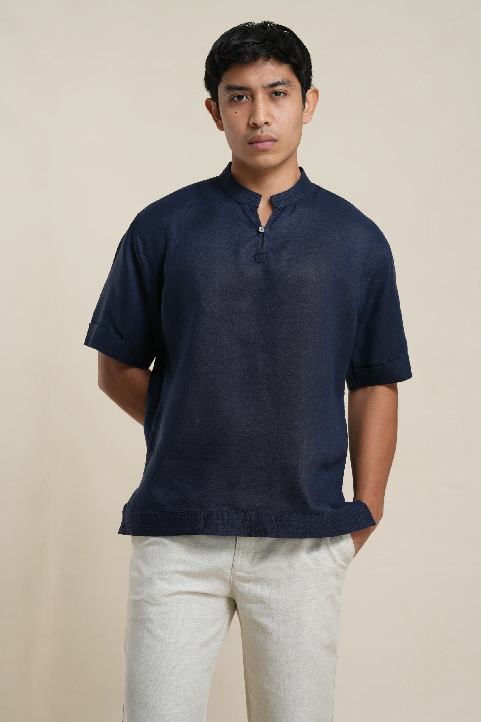 Men's short sleeve linen shirt in Navy Blue front view — Tropic of Linen BL0190