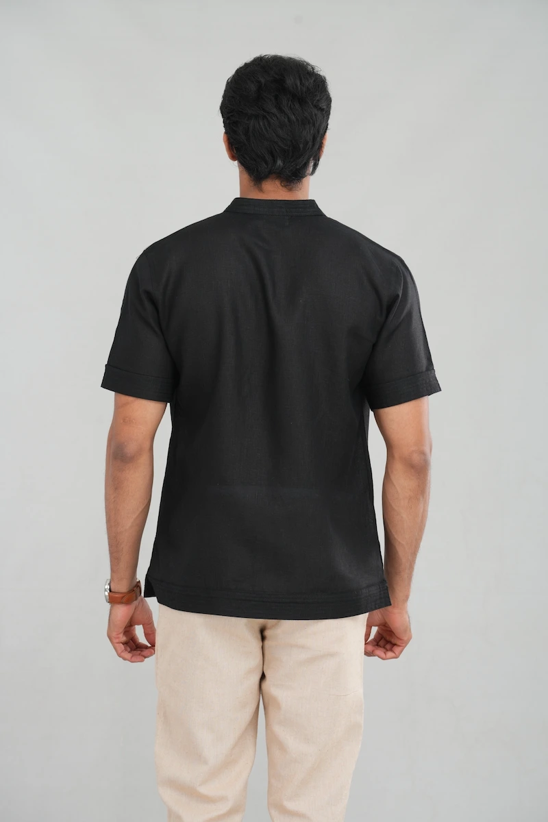 Men's short sleeve linen shirt in Black back view — Tropic of Linen BLK046