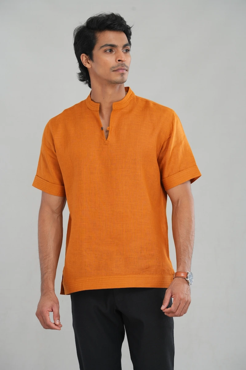 Men's short sleeve linen shirt in Bright Camel front-facing view — Tropic of Linen BR0075