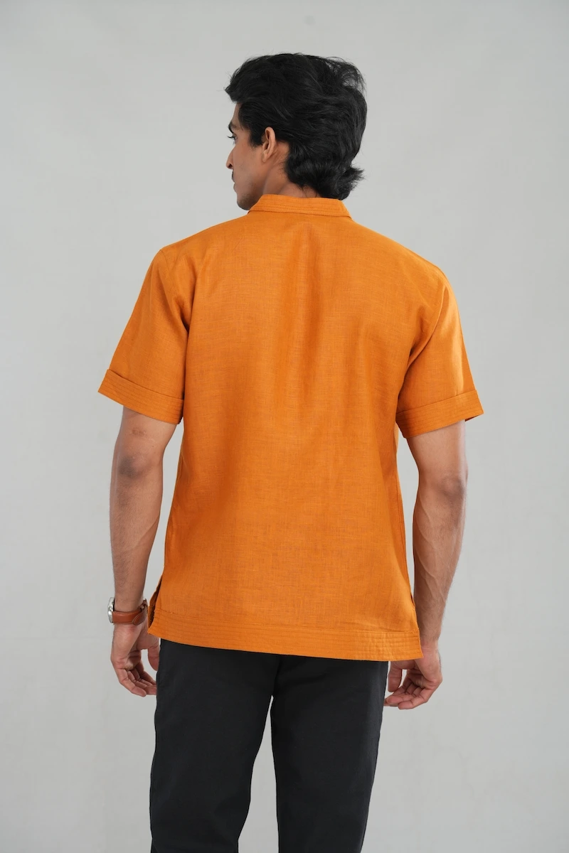 Men's short sleeve linen shirt in Bright Camel rear view — Tropic of Linen BR0075