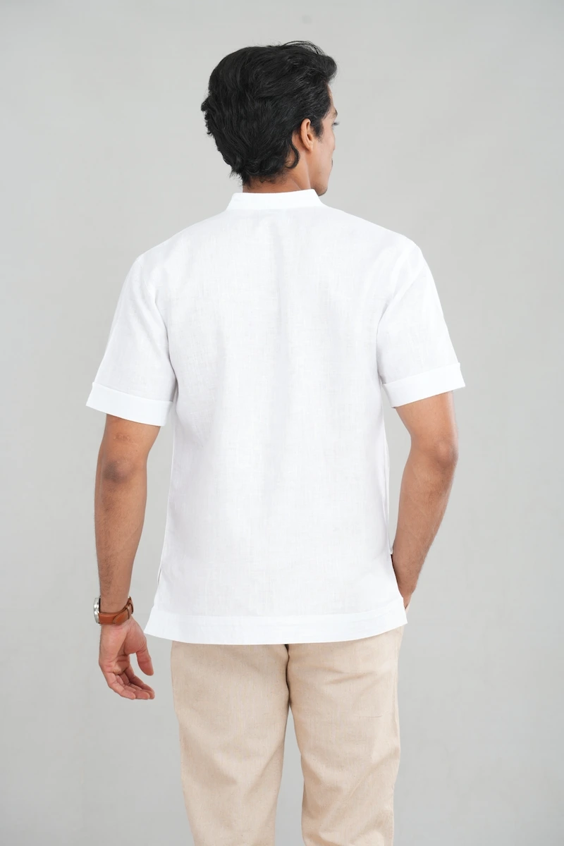 Men's short sleeve linen shirt in White back view — Tropic of Linen WH0003