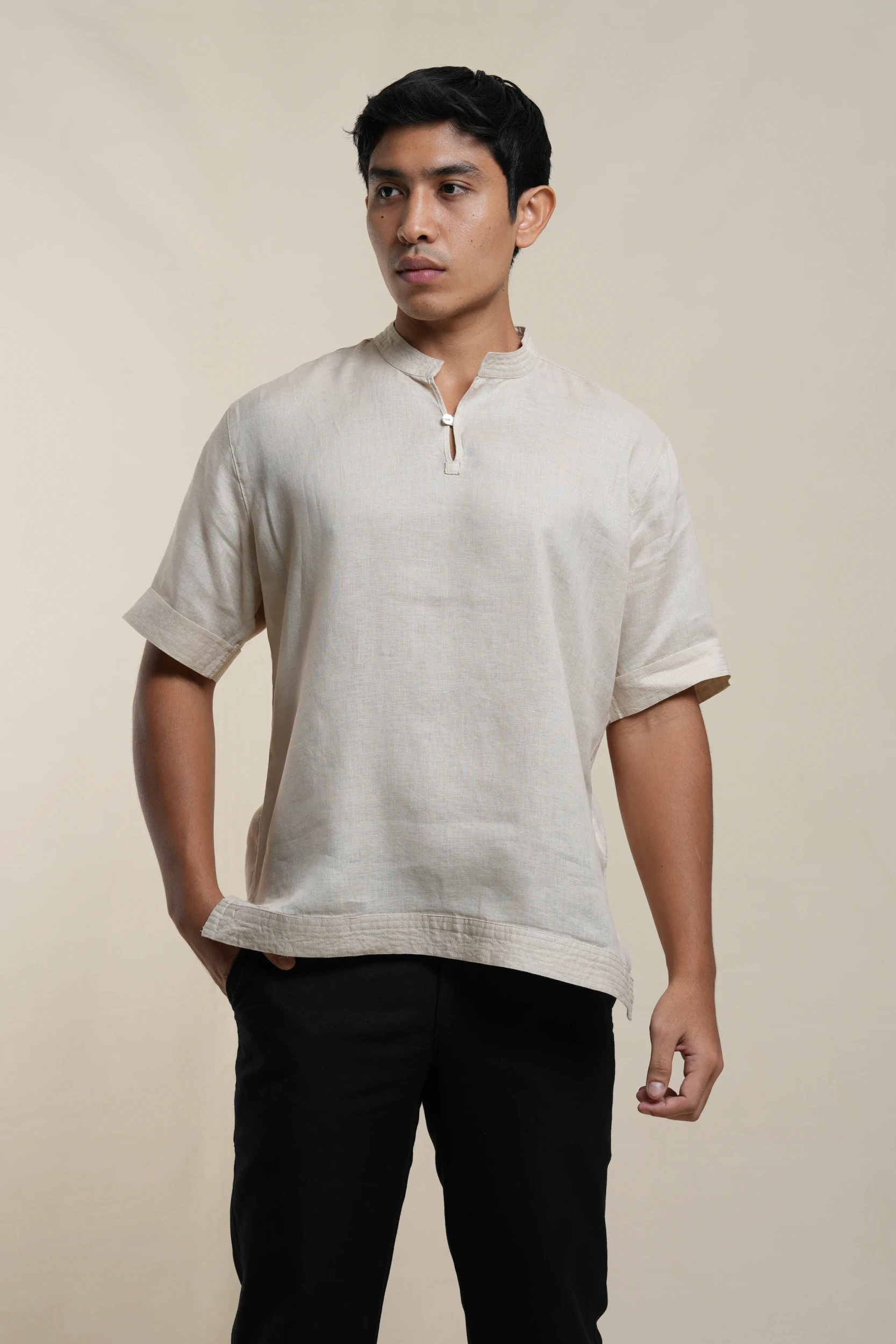 Men's short sleeve linen shirt in Beige front-facing view — Tropic of Linen BE0057