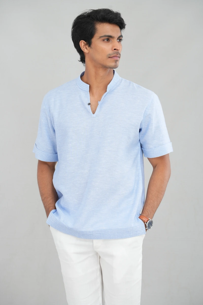 Men's short sleeve linen shirt in Sky Blue front-facing view — Tropic of Linen BL0176