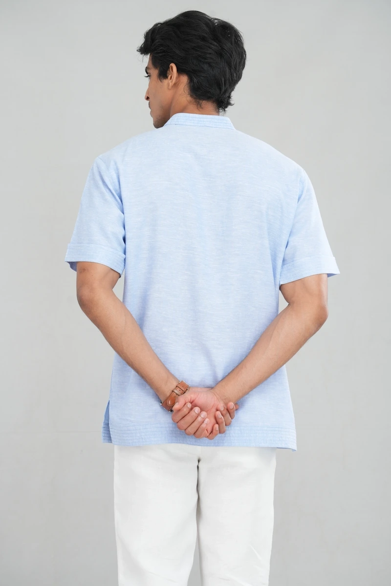 Men's short sleeve linen shirt in Sky Blue rear view — Tropic of Linen BL0176