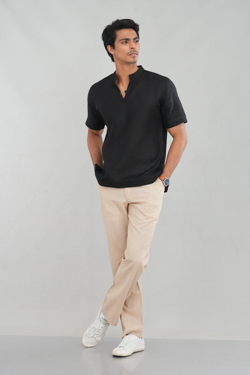 Men's short sleeve linen shirt in Black front view — Tropic of Linen BLK046