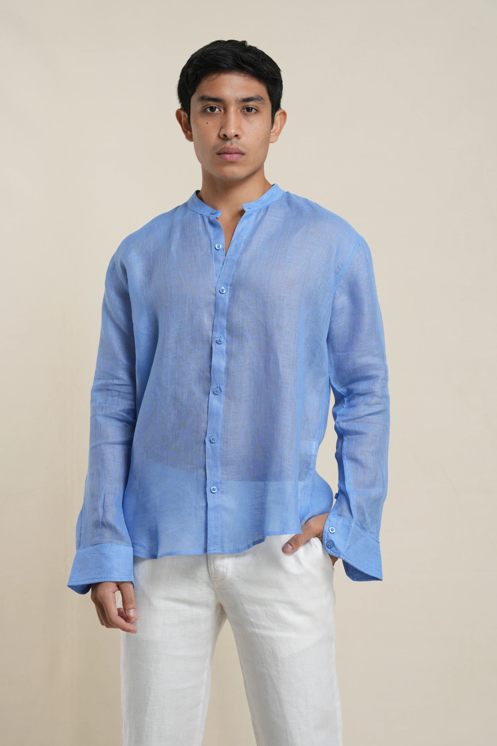 Men's mandarin collar shirt in blue linen front view — Tropic of Linen BL0177