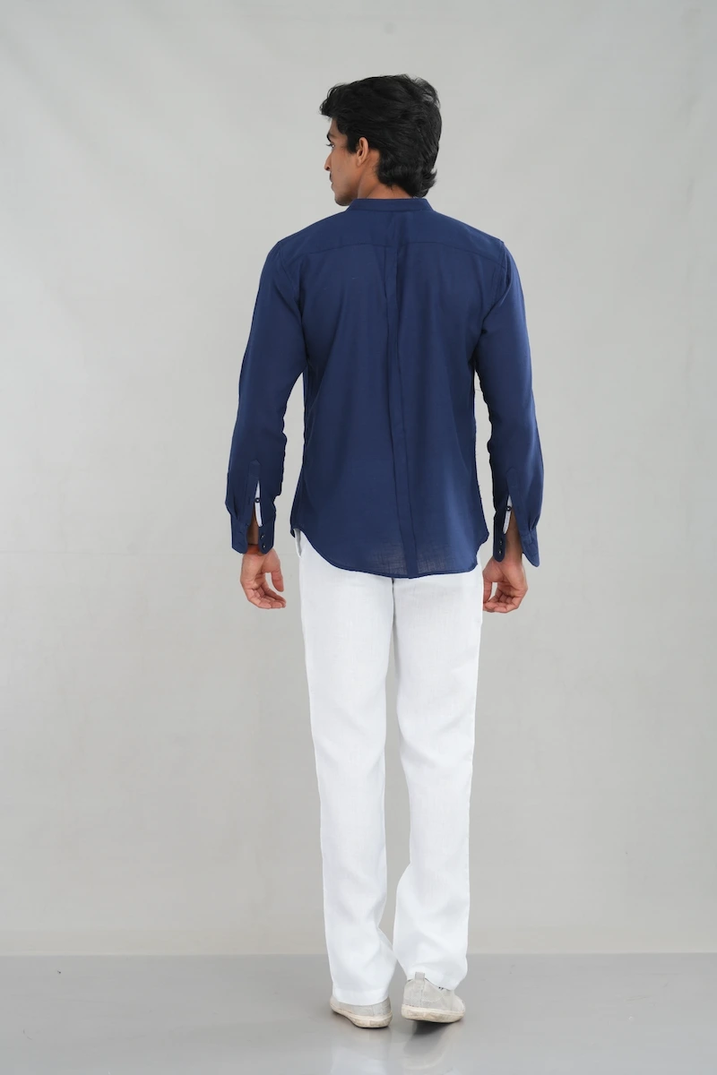 Men's mandarin collar shirt in navy blue rear view styled — Tropic of Linen BL0172