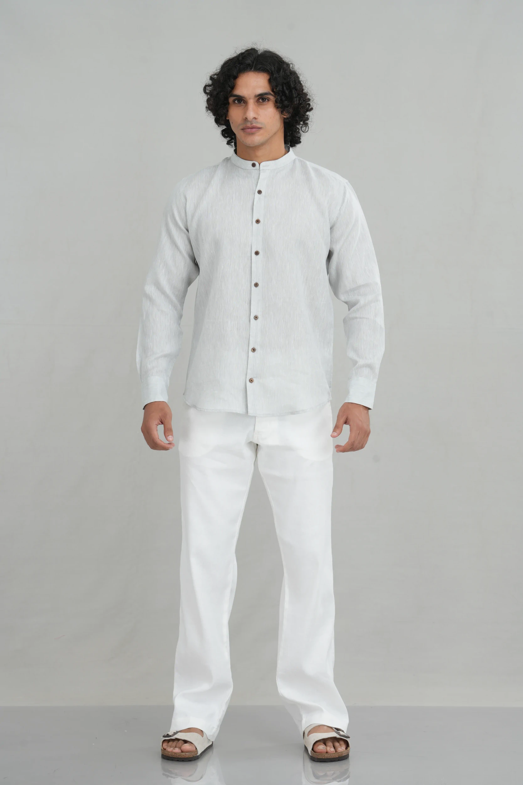 Men's mandarin collar shirt in ivory white linen front view — Tropic of Linen WH0035