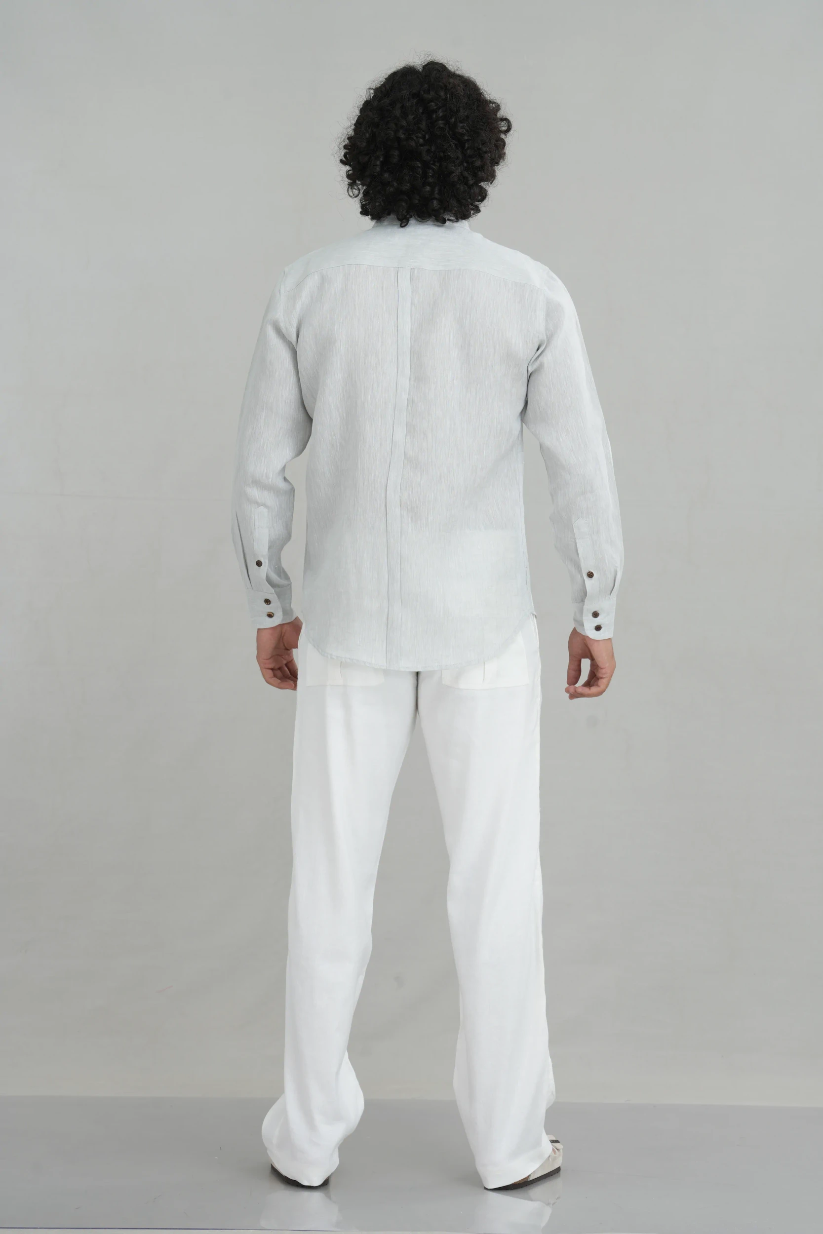 Men's mandarin collar shirt in ivory white linen back view — Tropic of Linen WH0035