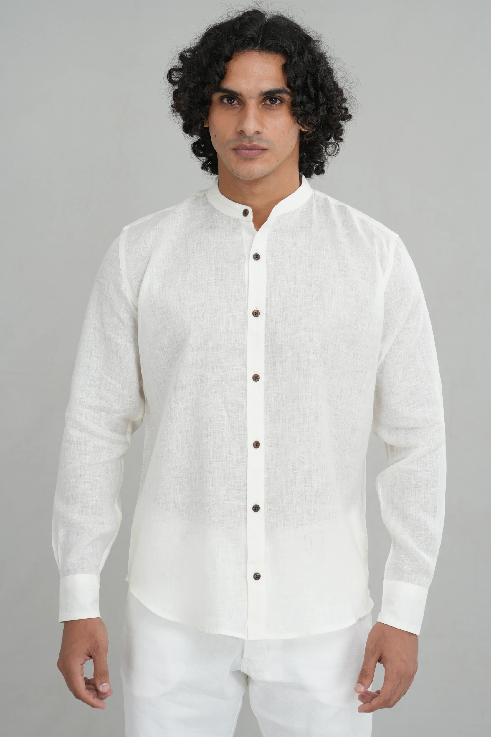 Men's mandarin collar shirt in pale blue floral print front view — Tropic of Linen PR0310
