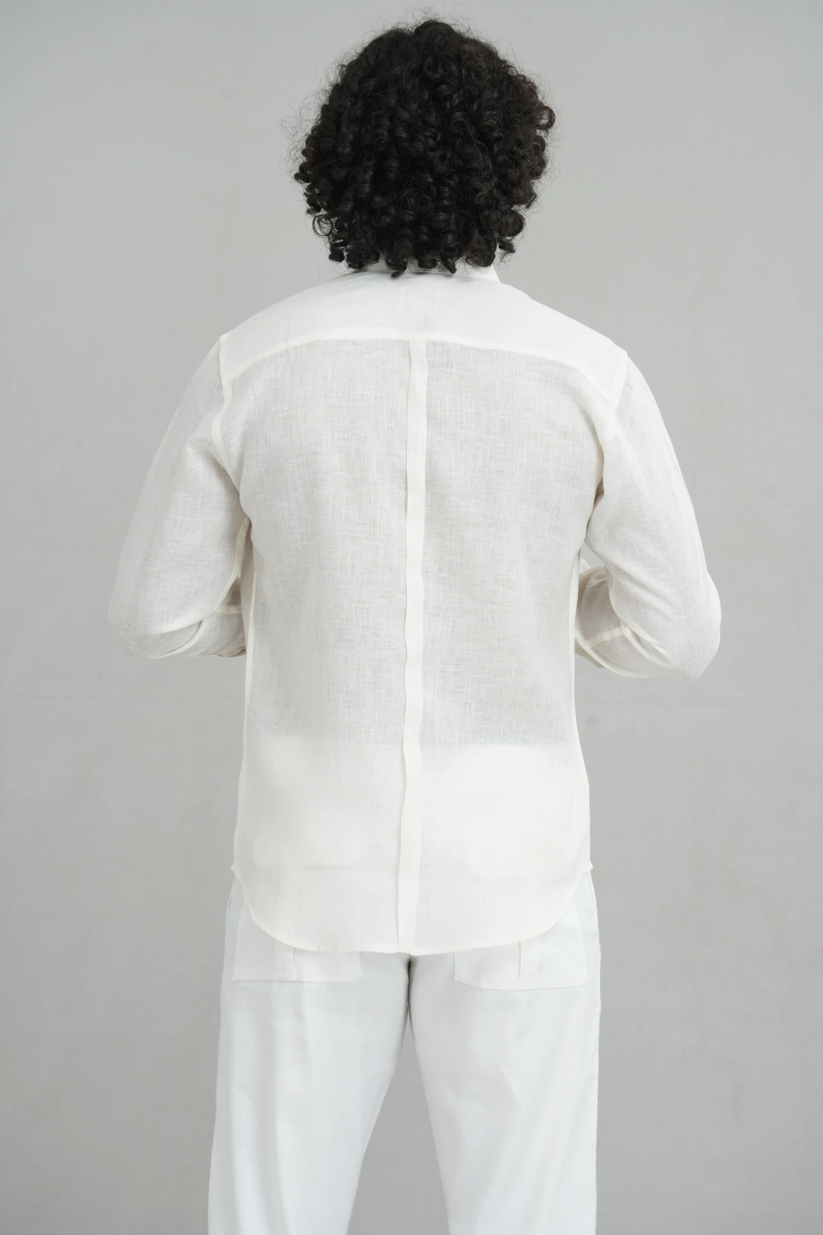 Men's mandarin collar shirt in pale blue floral print back view — Tropic of Linen PR0310
