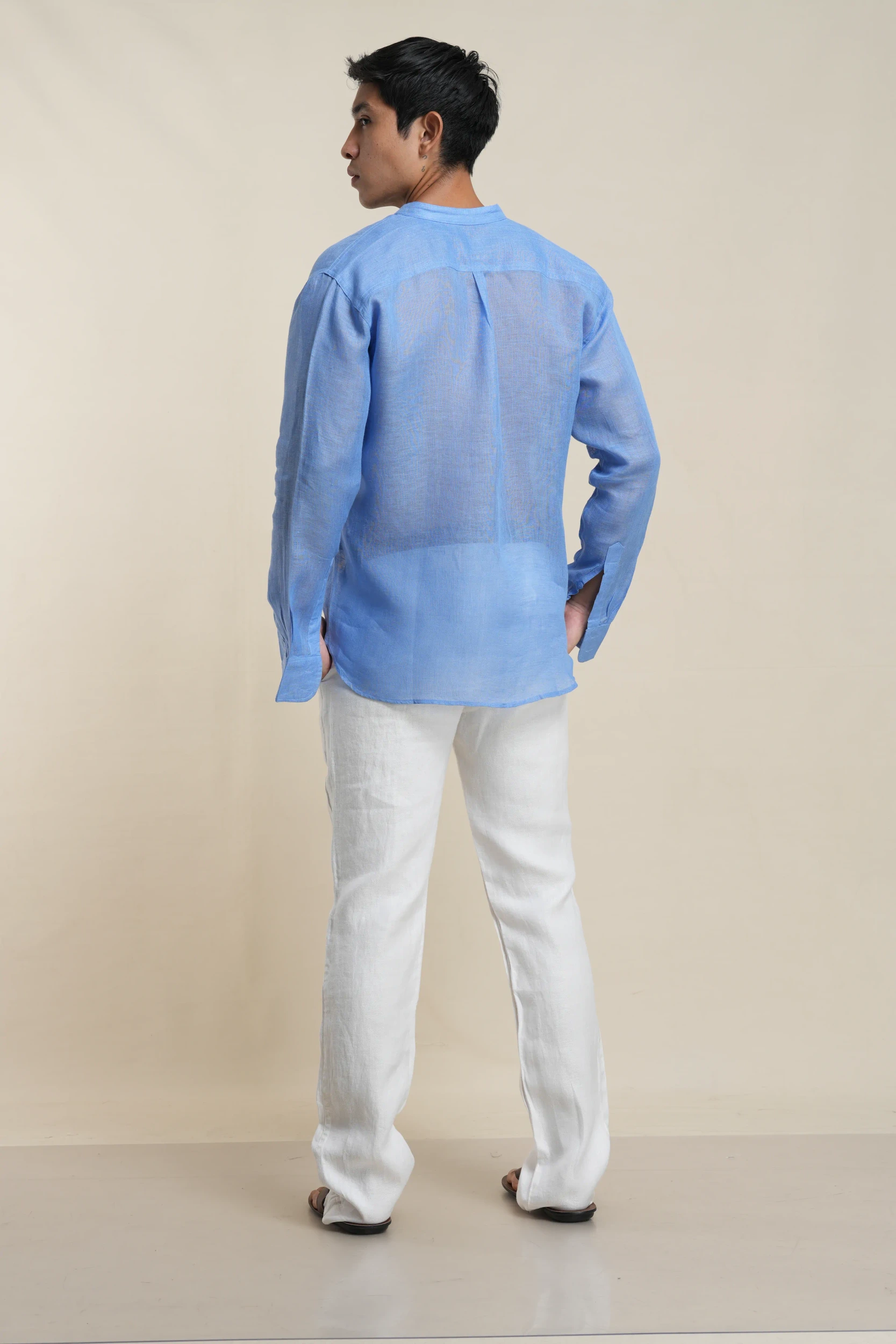 Men's mandarin collar shirt in blue linen back view — Tropic of Linen BL0177