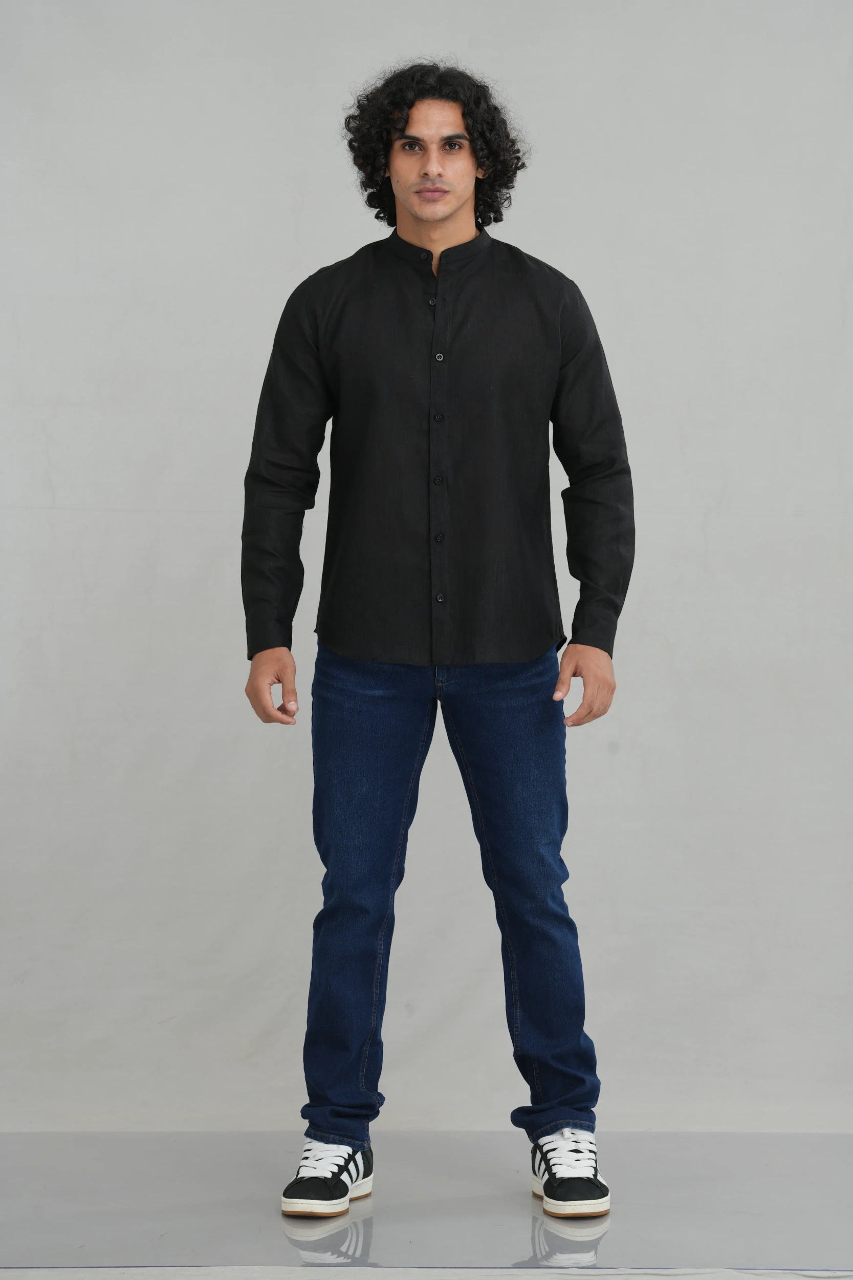 Men's mandarin collar shirt in black front-facing view — Tropic of Linen BLK061