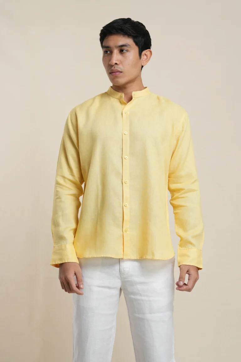 Men's mandarin collar shirt in yellow linen front view — Tropic of Linen YE0021