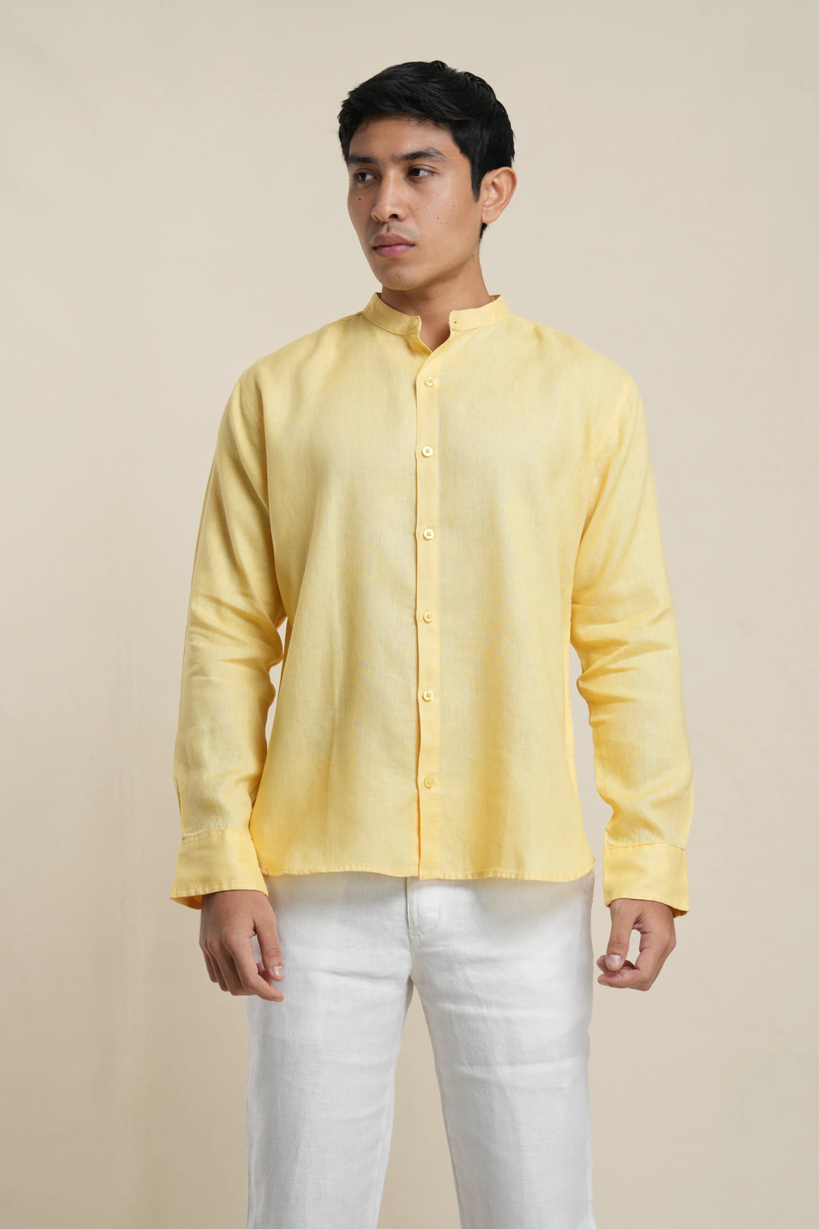 Men's mandarin collar shirt in yellow linen front view — Tropic of Linen YE0021