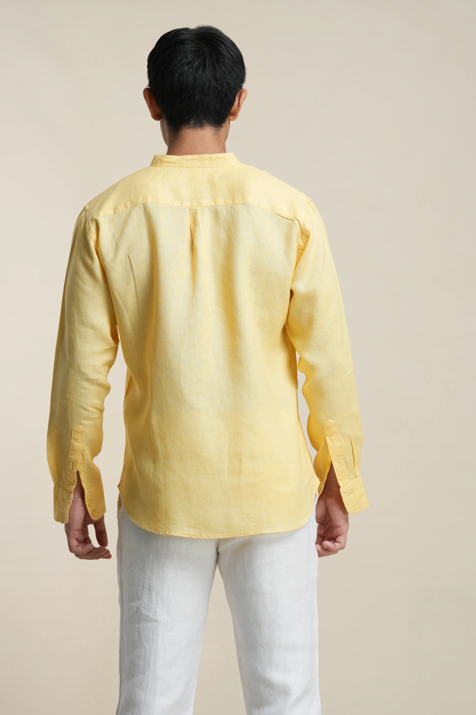 Men's mandarin collar shirt in yellow linen back view — Tropic of Linen YE0021