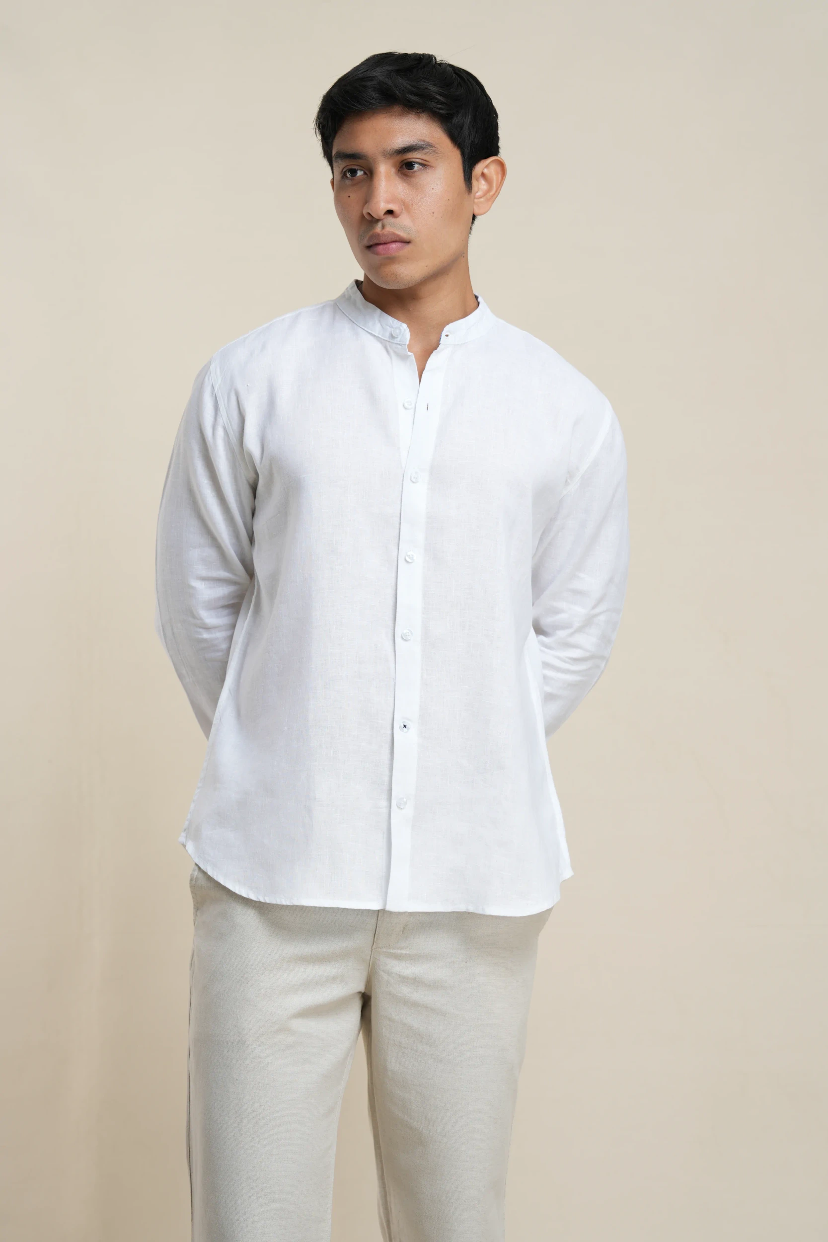 Men's mandarin collar shirt in white linen front view — Tropic of Linen WH0087