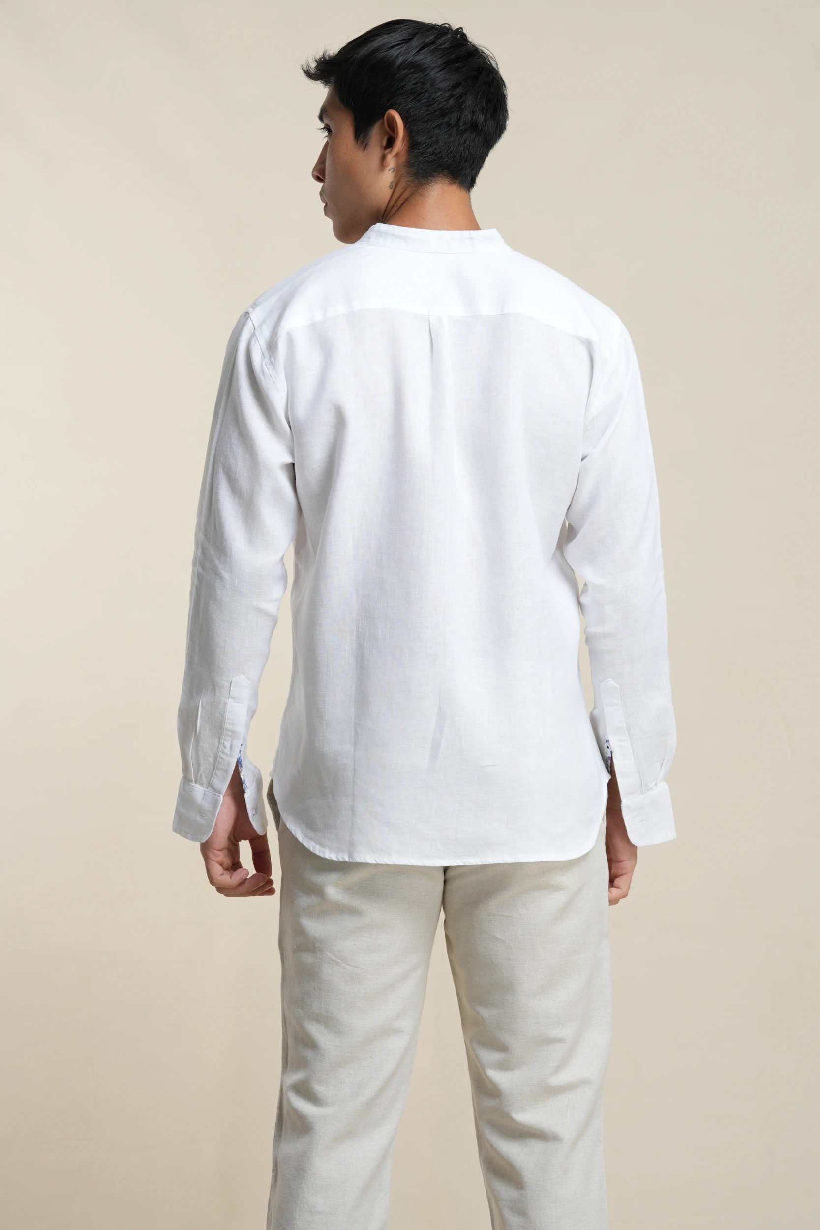 Men's mandarin collar shirt in white linen back view — Tropic of Linen WH0087