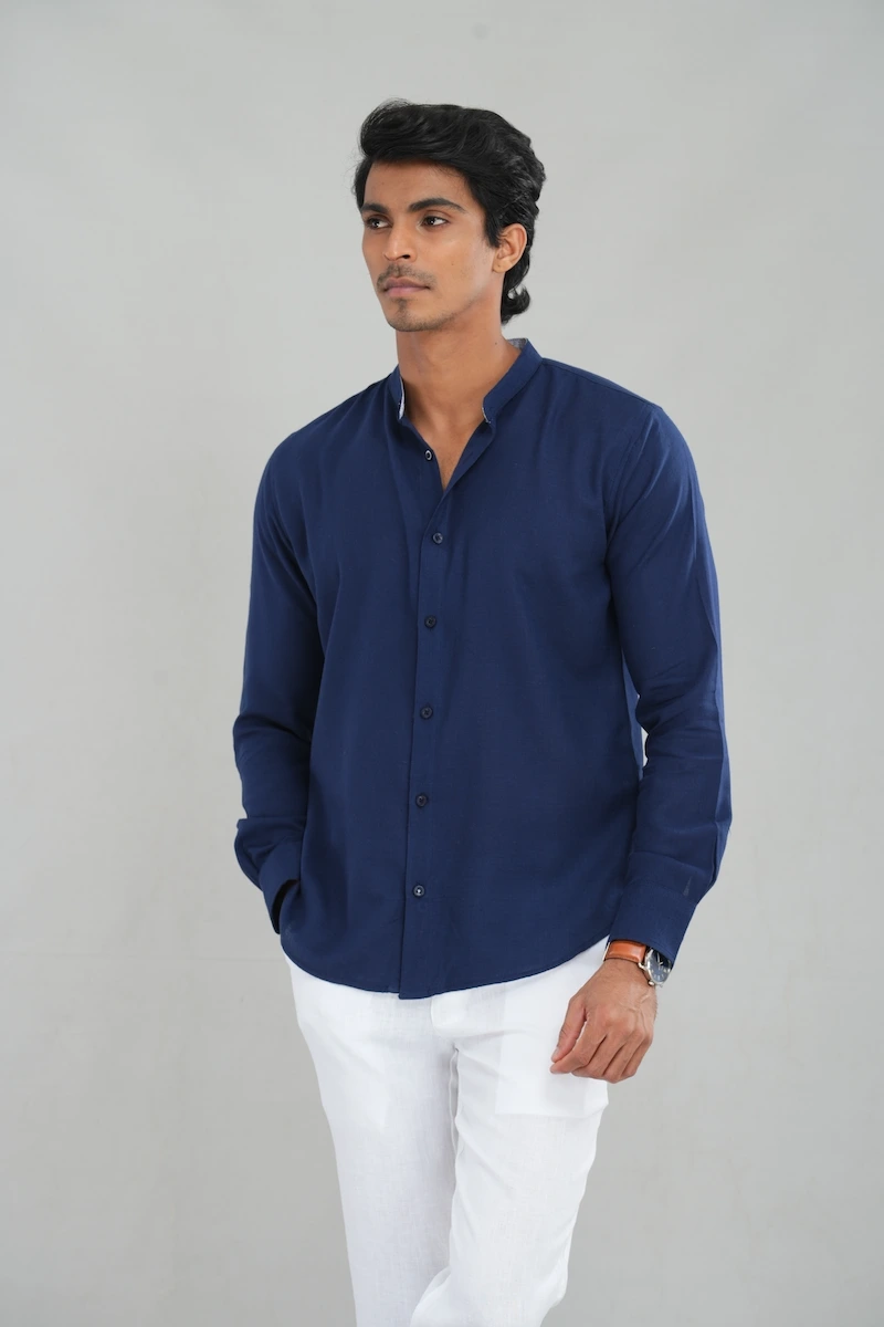 Men's mandarin collar shirt in navy blue front-facing styled — Tropic of Linen BL0172