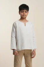 Boys' linen kurta in Oatmeal, front view showing notched neckline — Tropic of Linen BE0059