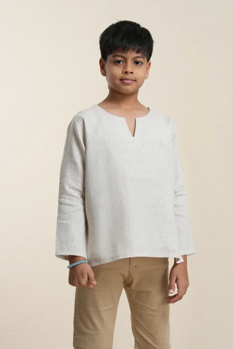 Boys' linen kurta in Oatmeal, front view showing notched neckline — Tropic of Linen BE0059