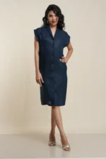Women's button-front shirt dress in Navy Blue, front view — Tropic of Linen BL0183