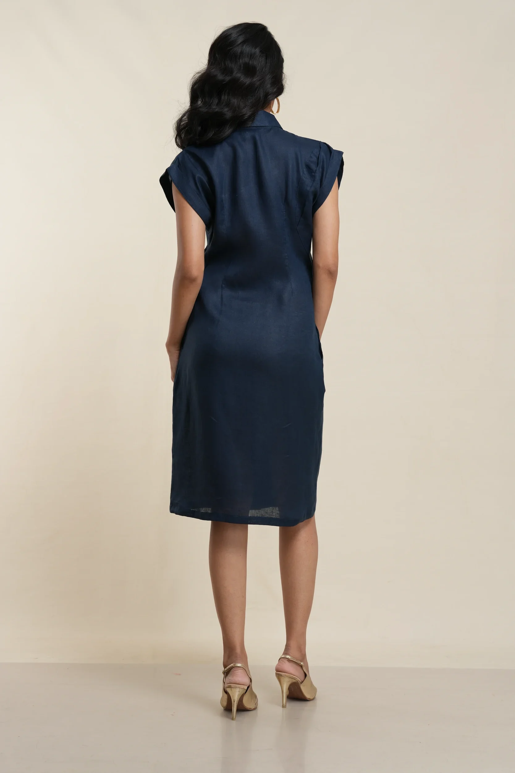 Women's button-front shirt dress in Navy Blue, back view showing straight silhouette — Tropic of Linen BL0183